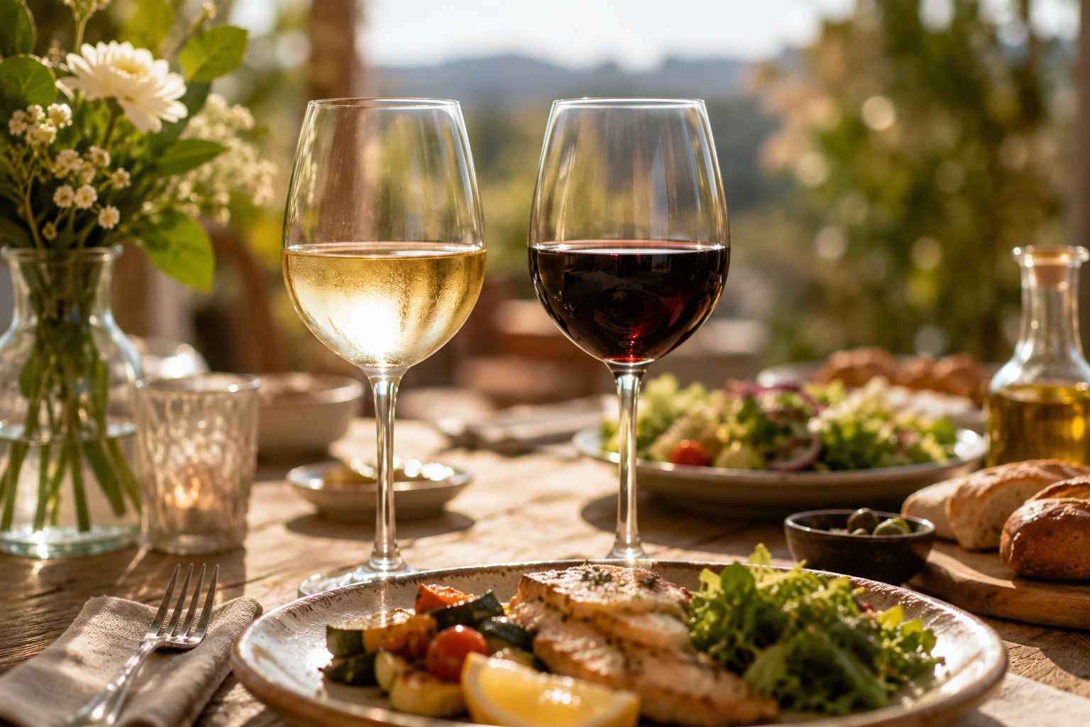 Différents verres de boissons servis lors d’un repas