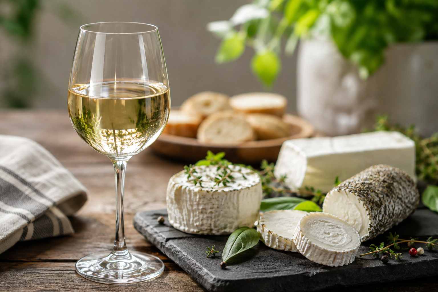 verre de vin blanc plateau fromages frais et chèvre